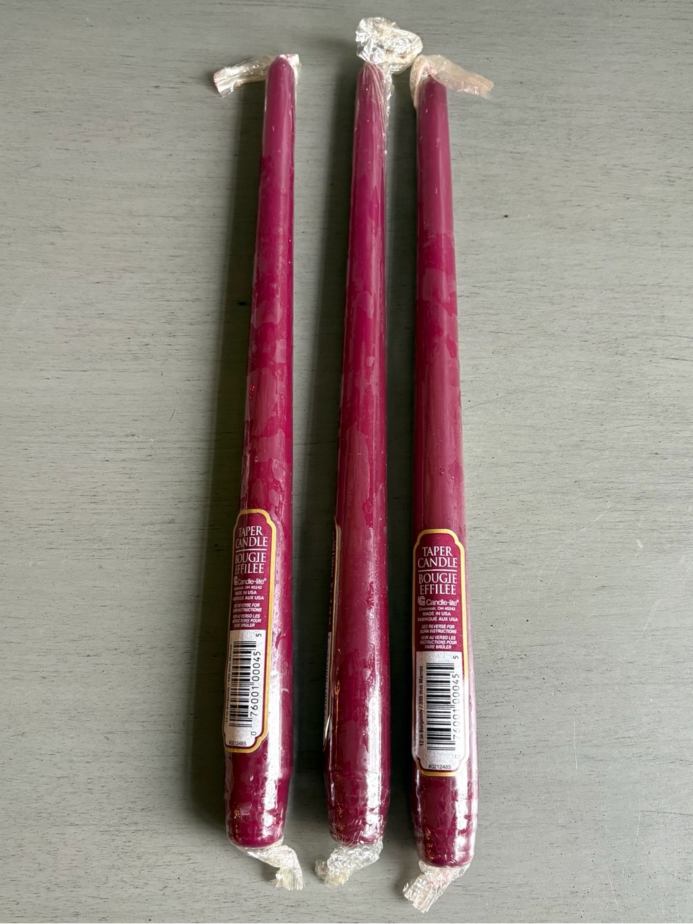 Candle-lite Burgundy Taper Bougie Effilee Candles 12" Sealed NEW– Set of 3 VTG